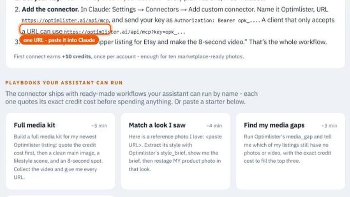 The connect page: one URL to paste into Claude, plus ready-made playbooks
