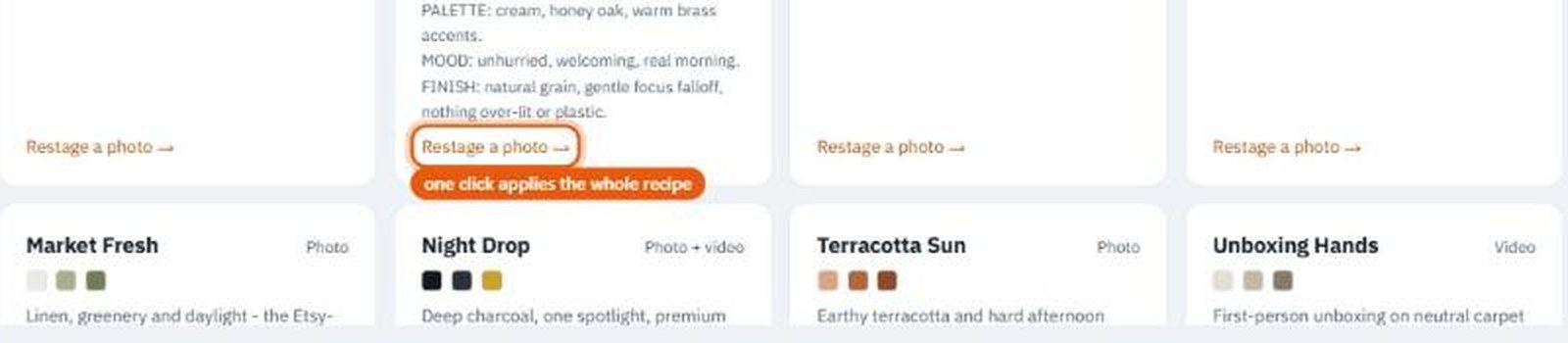 A Scene card in the Lab: the full brief is open, one click applies it