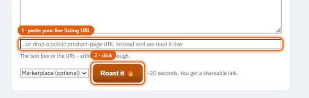 The free roast form: paste your listing URL, then click Roast it