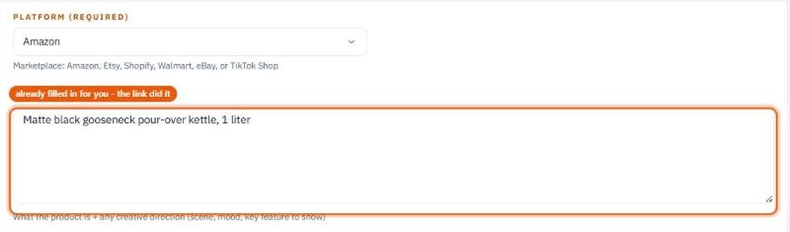 A generator opened from a link: platform and product already filled in